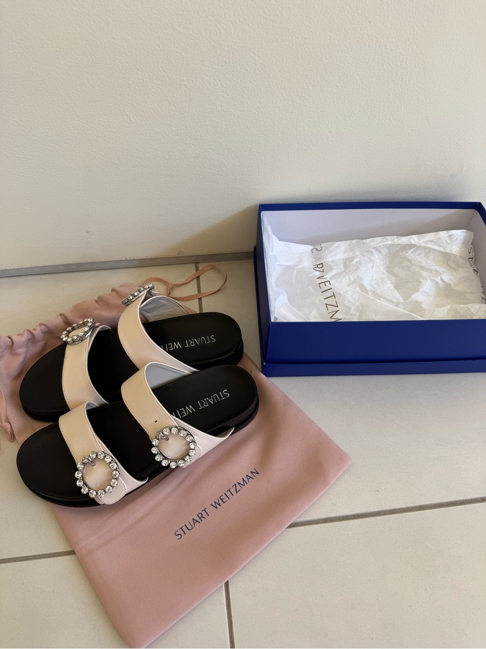 Stuart Weitzman Blush Pink Slide Sandals with Pearl Crystal Buckles